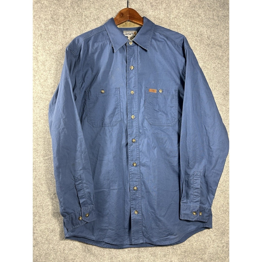 VTG Carhartt Work Shirt Mens L Blue Long Sleeve Button Front Heavy Workwear READ